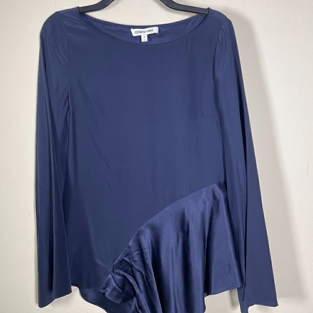 Elizabeth & James Long Wide Sleeve 100% Silk Navy Tunic Blouse Small